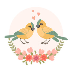 Cute cartoon love birds in a flower frame. Design for greeting card, invitation card for wedding, birthday. Vector