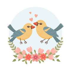 Cute cartoon love birds in a flower frame. Design for greeting card, invitation card for wedding, birthday. Vector
