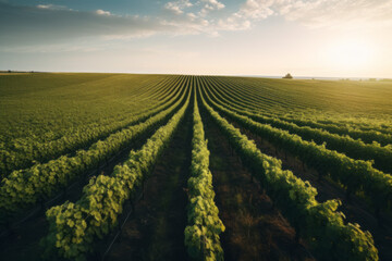 Green field with rows of vines for harvesting. Ripe grapes for the production of fine wines. - obrazy, fototapety, plakaty