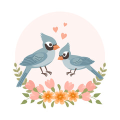 Cute cartoon love birds in a flower frame. Design for greeting card, invitation card for wedding, birthday. Vector