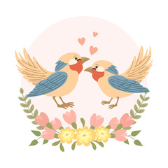 Cute cartoon love birds in a flower frame. Design for greeting card, invitation card for wedding, birthday. Vector