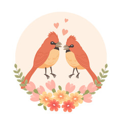 Cute cartoon love birds in a flower frame. Design for greeting card, invitation card for wedding, birthday. Vector