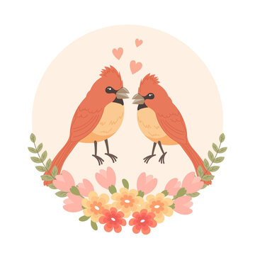 Cute cartoon love birds in a flower frame. Design for greeting card, invitation card for wedding, birthday. Vector