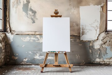 Empty white canvas on wooden easel in vintage art gallery Creative art concept - obrazy, fototapety, plakaty