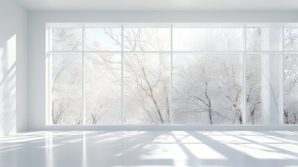 The view of the large windows in a modern minimalist style house, white walls and bright white marble floors, provides a view of the outside.