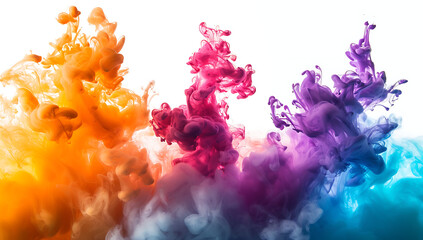 a colourful ink splashes down over white in - obrazy, fototapety, plakaty