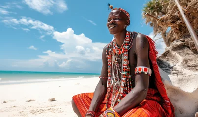 Foto auf Leinwand Masai dressed in traditional clothes along the beach, Zanzibar, Tanzania © STORYTELLER