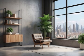 bookcase, armchair, decorative plant and window with city view