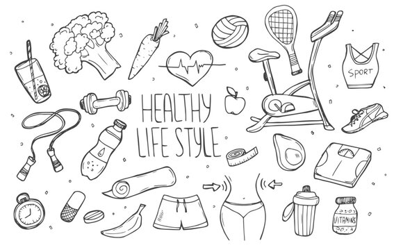 Healthy lifestyle hand drawn set. Collection doodle objects with fitness, sport, fruit, yoga symbols. Contour vector illustrations.
