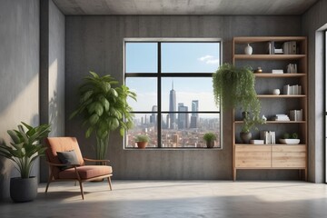 bookcase, armchair, decorative plant and window with city view