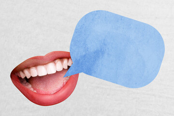 Collage creative poster illustration toothy smile open speak chat communication friend empty blue...