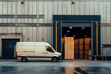 Delivery van loaded with cardboard boxes outside a logistics warehouse with an open door for delivering online orders purchases e commerce goods and wholesale