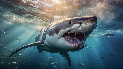 Fototapeta premium White shark open toothy dangerous mouth with many teeth.Clear water shark swims. Generated AI