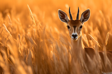 Antilope im hohen Gras der Savanne, Sonnenschein, erstellt mit generativer KI - 723158351