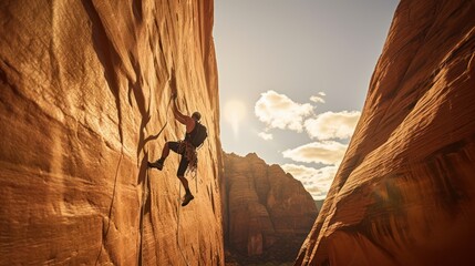 Rock climbing athlete in action on a high cliff using Belay equipment.
