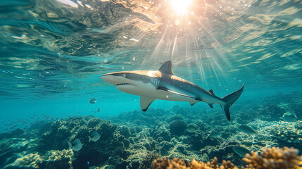 Fototapeta premium White shark open toothy dangerous mouth with many teeth.Clear water shark swims. Generated AI
