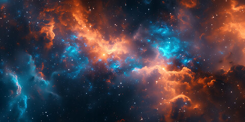 a deep space nebula with blue and orange stars in
