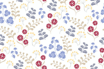 Floral pattern seamless embroidery with blue flower motifs background border frame. Ethnic pattern oriental batik style. Ikat pattern seamless vector illustration design.