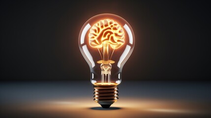 Lighted bulb lamp with human brain inside on dark background