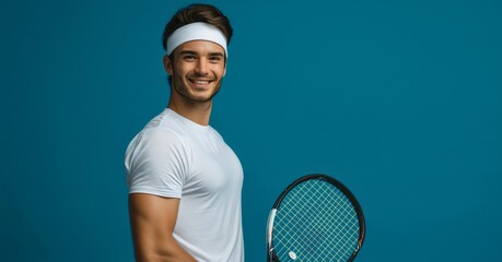 Handsome young male model wearing a tennis uniform, standing in a studio and holding a racket and smiling at the camera. Sport competition sphere object or equipment for professional player