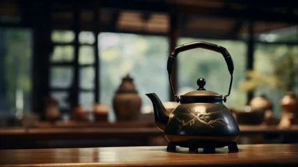 Selbstklebende Fototapeten Traditional Japanese herbal tea made in old teapot © Natalia Klenova