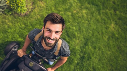 Top view photography of a man pruning horticulture or hedge lawnmower cutting or trimming grass outdoors in his backyard on a sunny summer day, looking at the camera and smiling. House maintenance