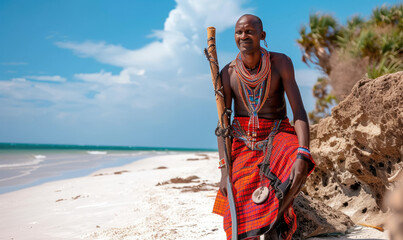 Masai dressed in traditional clothes along the beach, Zanzibar, Tanzania