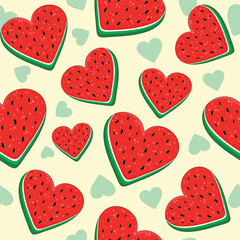 Watermelon Hearts Love Fresh Summer Fruit Valentine's Day Free Palestine Symbol Vector Seamless Pattern Illustration