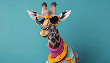 Giraffe wearing colorful clothes and yellow sunglasses dancing on a green background