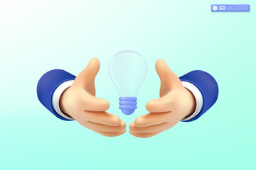 3d hand shielding protect light bulb icon symbol. inspiration, brainstorm, development, intellectual property, idea icon metaphor concept, 3D vector isolated illustration. Cartoon pastel Minimal style