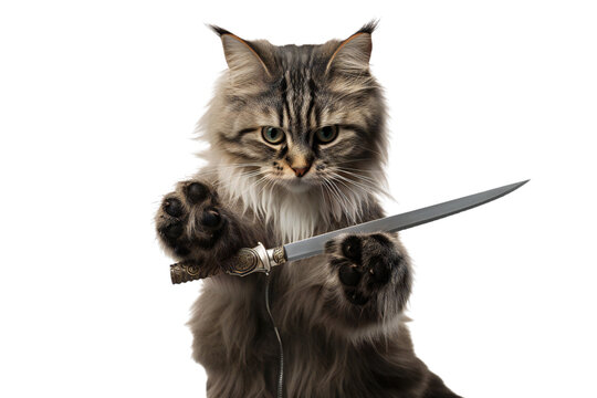 Cat Holding a Knife Isolated Transparent Background Cute Feline Adorable Pet Funny Dangerous Animal Photography