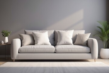 Pillows on comfortable sofa in bright living room interior - obrazy, fototapety, plakaty
