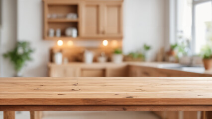Obraz na płótnie Canvas a wooden table in a kitchen with a window in the background and a potted plant in the foreground, unreal engine 5 quality render, a 3D render, photorealism.