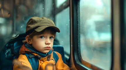 Cute little sad boy wearing a backpack, sitting in a bus seat next to the window. Unhappy lonely male child transportation from school to home after elementary education classes. Preschool passenger