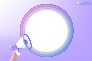 3d megaphone speaker and violet background icon symbol. loudspeaker announce discount promotion, Sell reduced prices, Marketing concept. 3D vector isolated illustration, Cartoon pastel Minimal style.