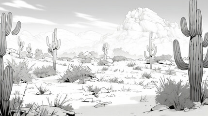 Desert with cacti and mountains in the background. AI Generated