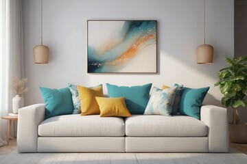 Pillows on comfortable sofa in bright living room interior