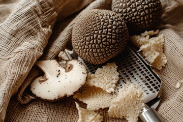 Close Up Expensive gourmet ingredient Fresh aromatic Truffle mushrooms on rustic fabric cloth background