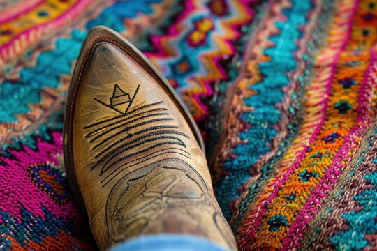 Colorful fabric topped with brown cowboy boot