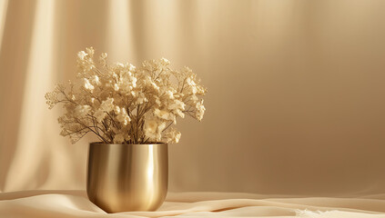 a gold container with flowers on a beige background i - obrazy, fototapety, plakaty