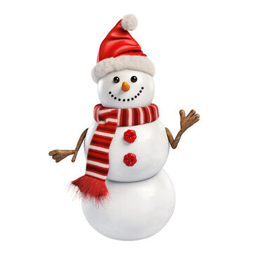 Snowman with a red hat isolated on a transparent background. Snowman with a red hat and scarf close-up. Winter design element to insert into a design or project.