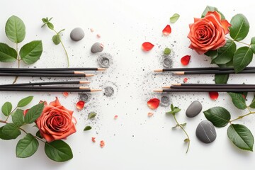Arrangement with burning incense sticks roses and spa stones on a white surface