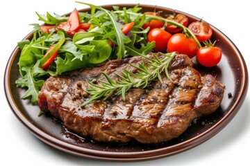 Grilled Wagyu New York beef steak with salad on white plate