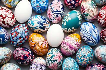 Lively and colorfully decorated Easter eggs symbolize the holiday and the renewal of spring. These eggs are intricately painted with various patterns.