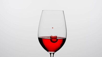 Close up shot of wine glass isolated on white background in studio. Goblet filled with red wine, droplets of wine falling inside creating ripples and crown.