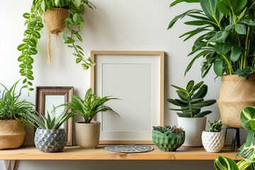 Living room interior with brown photo frame on green shelf adorned with various stylish pots holding beautiful plants Chic personal accessories Home gardening - obrazy, fototapety, plakaty