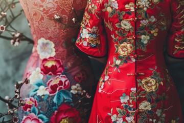 Red cheongsam painting with floral patterns