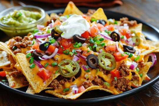 Delicious tortilla nachos topped with melted cheese sauce ground beef jalapenos onions tomato olives salsa and sour cream with guacamole
