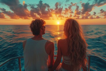 As the sun sets on the horizon, a couple sits on their boat gazing at the vibrant sky, their hair tousled by the gentle breeze as they sail into a peaceful summer evening on the open sea