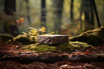 Fototapeta premium Wooden Round Podium For Product With Nature Background